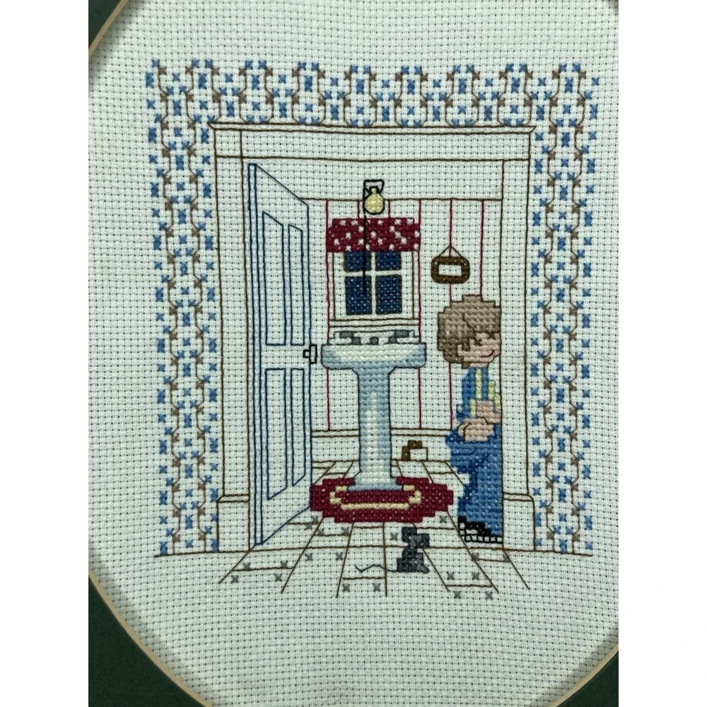 Vintage Counted Cross Stitch Bathroom Boy Girl Wall Art Pair Humor Matted Decor